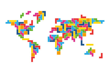 World map mosaic of colorful tetris blocks. Flat vector illustration.