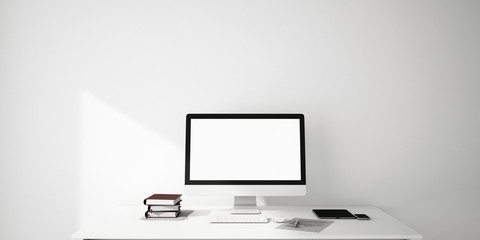 Destop computer screen on white desk,working space,working background ,interior of woking room