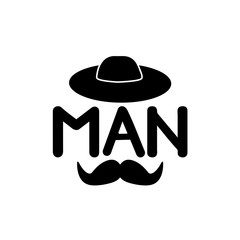 Word Man with black mustache and hat on the white background .