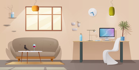 Living room and office interior. Modern apartment scandinavian or loft design. Cartoon vector illustration © dmitrymoi