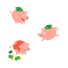 Cartoon piggy bank icon set. Cheerful pig money box full of savings with happy facial expression sad pig without money. Business finance, banking weath concept. Vector isolated background illustration