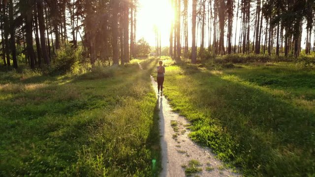 woman runner runs along forest trail towards sunset