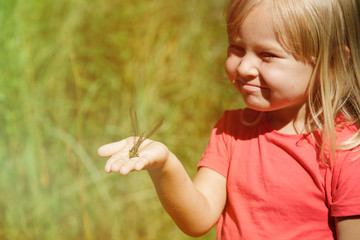 little girl exploring dragonfly, kids learning