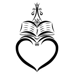 Heart-shaped frame, bible, cross, bird and sun