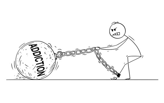 Cartoon stick drawing conceptual illustration of man pulling hard big Iron ball chained to his leg. Concept of alcohol, drug or another addiction problem.