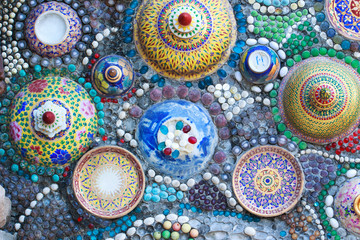 Colorful glass and tile wall texture background, mosaic art