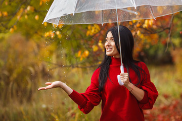 Cheerful young woman with umbrella