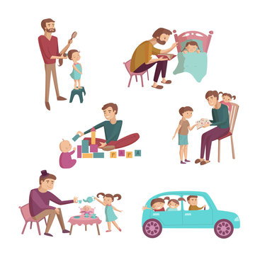 Parent and children activities set cartoon vector illustration
