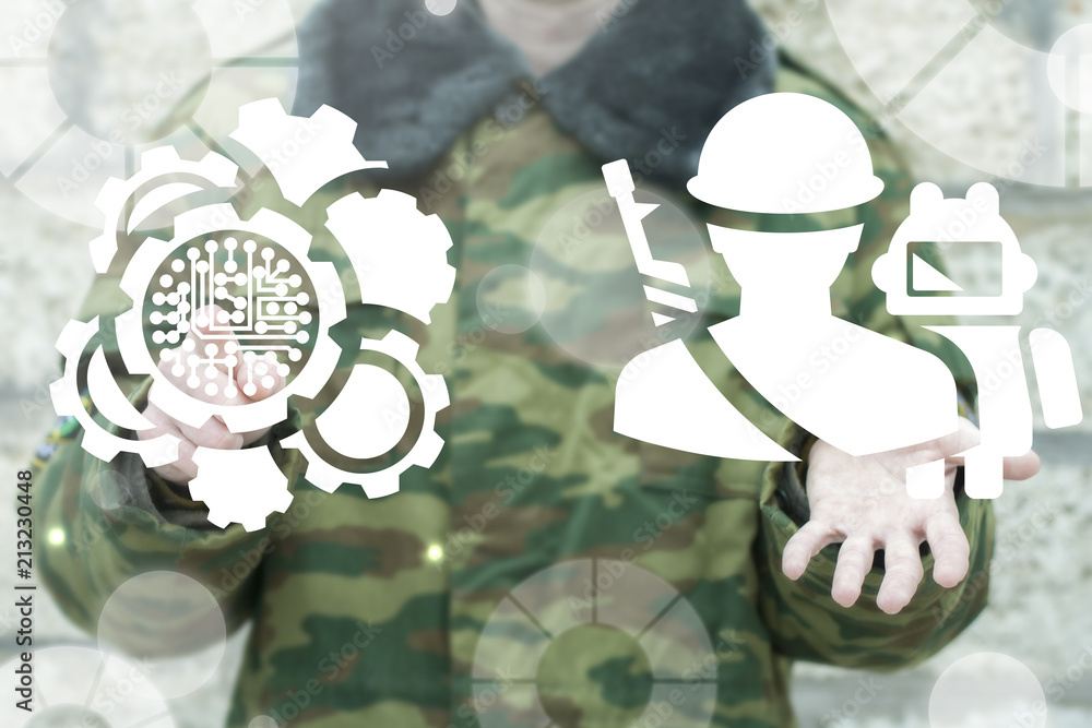 Poster soldier clicks a automation gears circuit button and offers a soldier robot icon. integrated militar