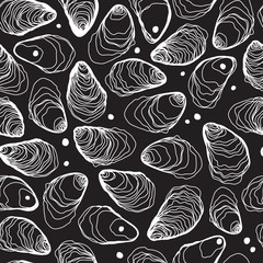 Oysters and Pearls Hand Drawn Seamless Line Pattern on Black