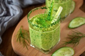 Green gazpacho in a glass. Cold soup of Spanish cuisine