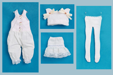 A set of photos of clothing for the wardrobe of the doll. Clothing for dolls handmade. Doll's clothes are white.