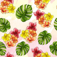 seamless pattern - Hand drawn watercolor tropical flowers on ombree background 