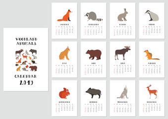 Vector monthly calendar with woodland animals