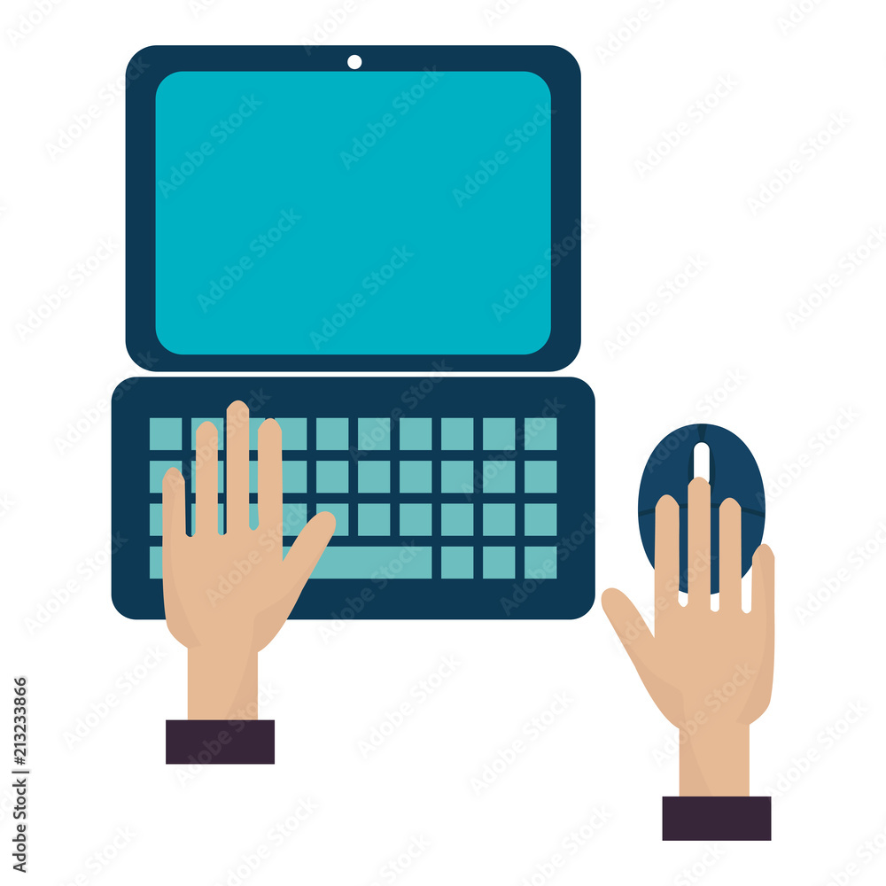 Poster hands using laptop with mouse