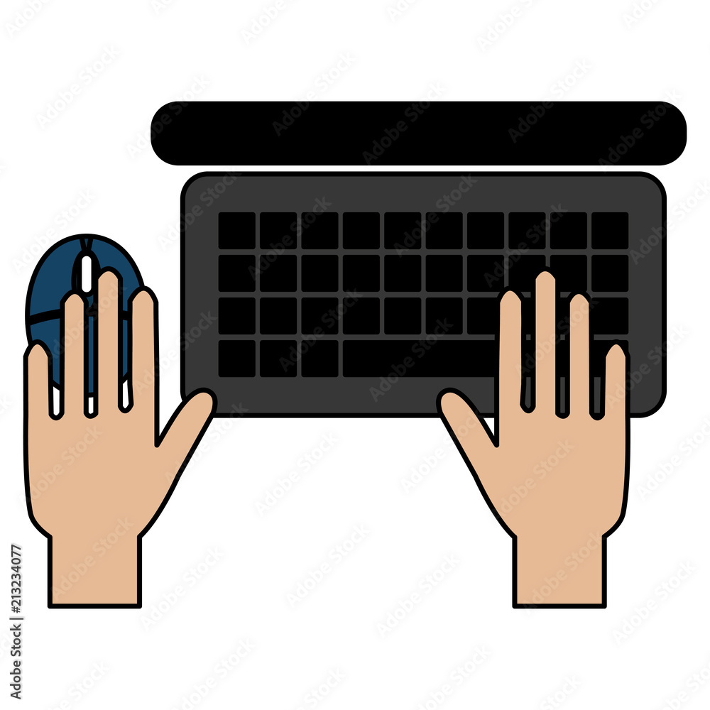 Poster hands using laptop with mouse