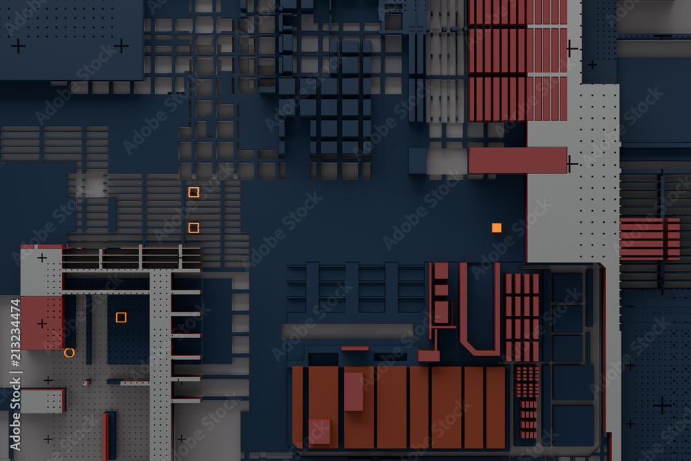 Poster 3d render abstract background. technology surface with a lot of details. simple geometry shapes extr