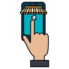 hand using smartphone device with parasol