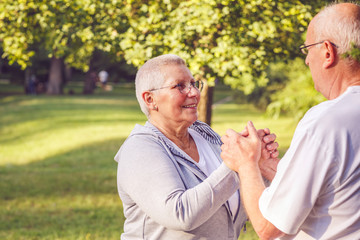 Fototapeta premium Happy family - Hands of senior couple during walk in park on sunny day.