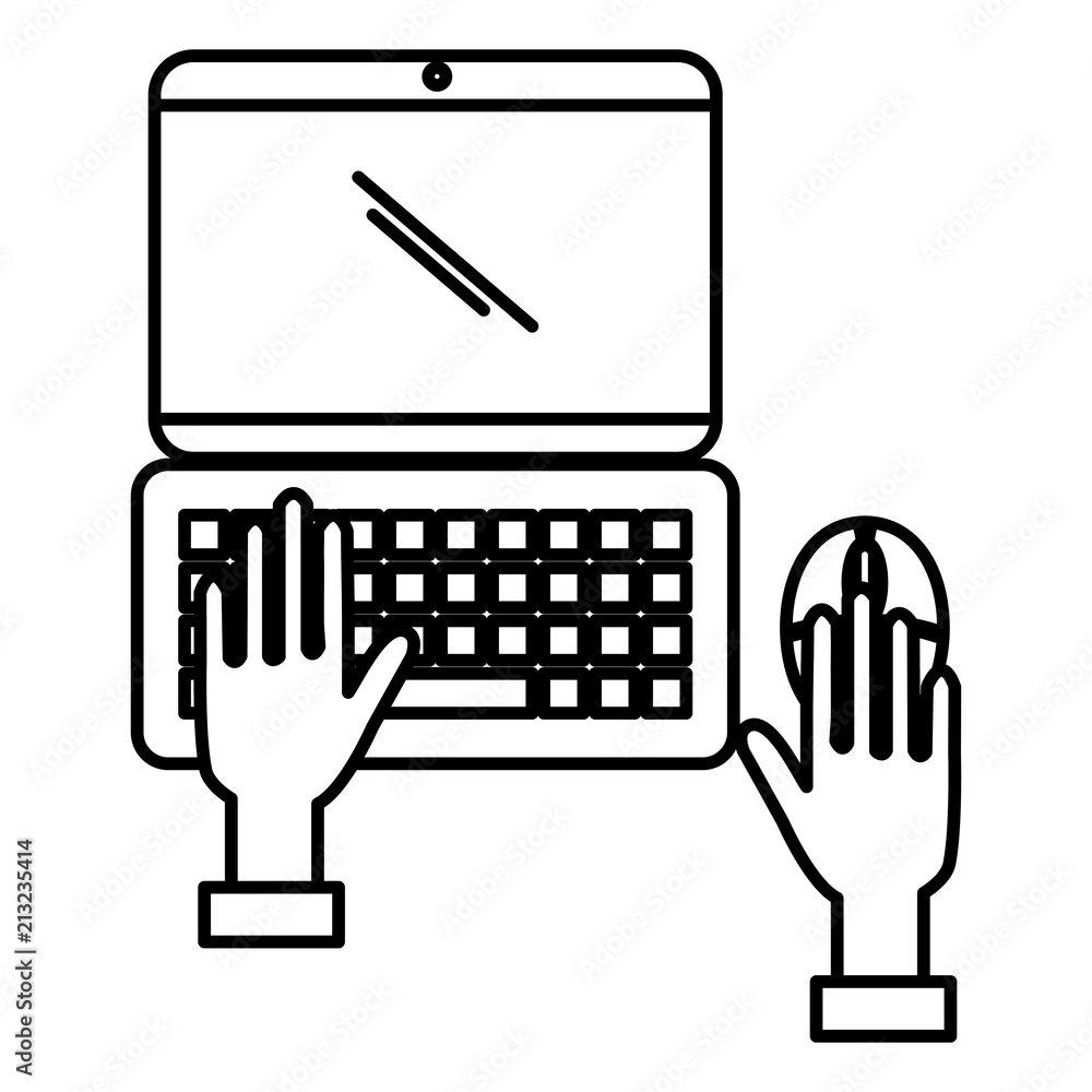 Poster hands using laptop with mouse