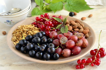 Homemade granola with berries and almonds for healthy breakfast