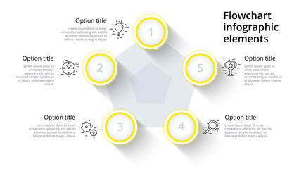 Business process chart infographics with 5 step segments. Circular corporate timeline infograph elements. Company presentation slide template. Modern vector info graphic layout design.