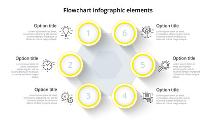 Business process chart infographics with 6 step segments. Circular corporate timeline infograph elements. Company presentation slide template. Modern vector info graphic layout design.