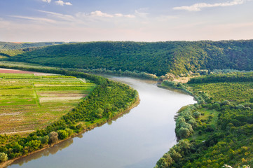 Fototapeta na wymiar Top view on the beautiful bend of the river. Dniester Canyon, Ukraine, Europe