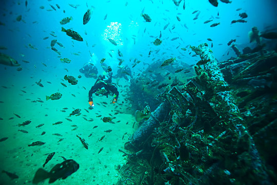 Shipwreck, Diving On A Sunken Ship, Underwater Landscape