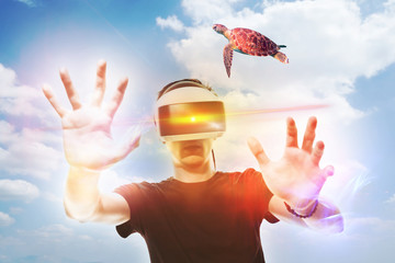 Réalité virtuelle 3D casque sensation jeu informatique rêve gamer avenir logiciel toucher...