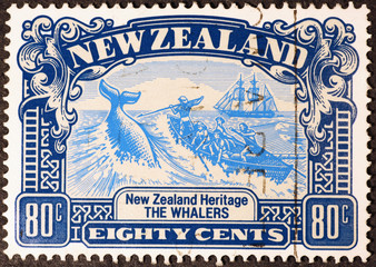 Old whalers on vintage New Zealand postage stamp