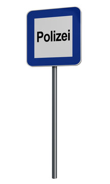deutsches Hinweisschild für Polizei auf weiß isoliert.Text Polizei auf deutsch. 3d render