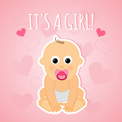 It's a girl, vector design with small cute baby.  Pink cartoon baby shower greeting card. 