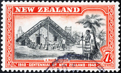 Traditional maori council on New Zealand postage stamp - obrazy, fototapety, plakaty