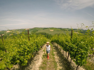 Cute little boy walking in vineyard between the rows in a sunny summer day. A kid with straw hat and red boots treading trough the path on the Italian hills in Monferrato. Blue sky over the hills