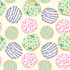 Seamless pattern of colored glazed donuts on a yellow background. Cute sweet dessert background. Colorful design for textile, wallpaper, fabric, decor