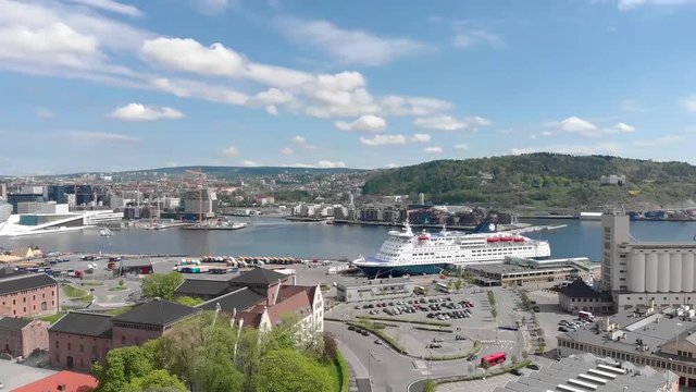 Aerial crane footage of Opera house and Bjorvika in Oslo city, Norway in summer