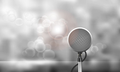 Vector Illustration of the microphone isolated on gray bokeh abstract background.