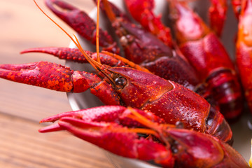 Closeup of boiled crayfish in a bowl