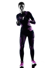 one young caucasian woman runner running jogger jogging isolated silhouette shadow on white background