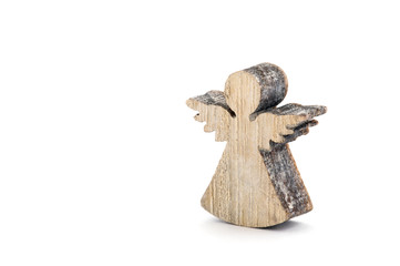 Wooden angel Christmas decoration on white background