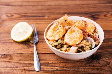 Seafood, Squid, clams, shrimps and rice