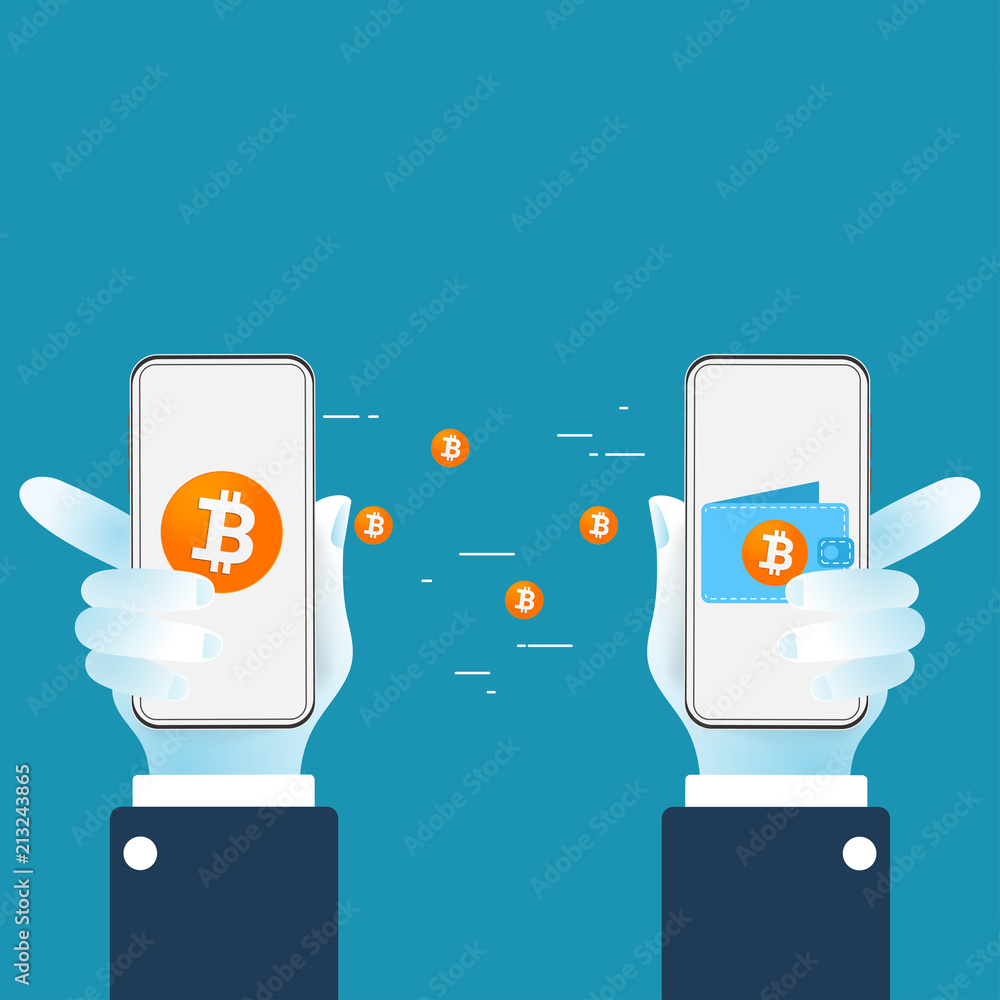 Poster Bitcoin cryptocurrency transferring digital money from wallet to another wallet. Mobile bitcoin wallet concept.