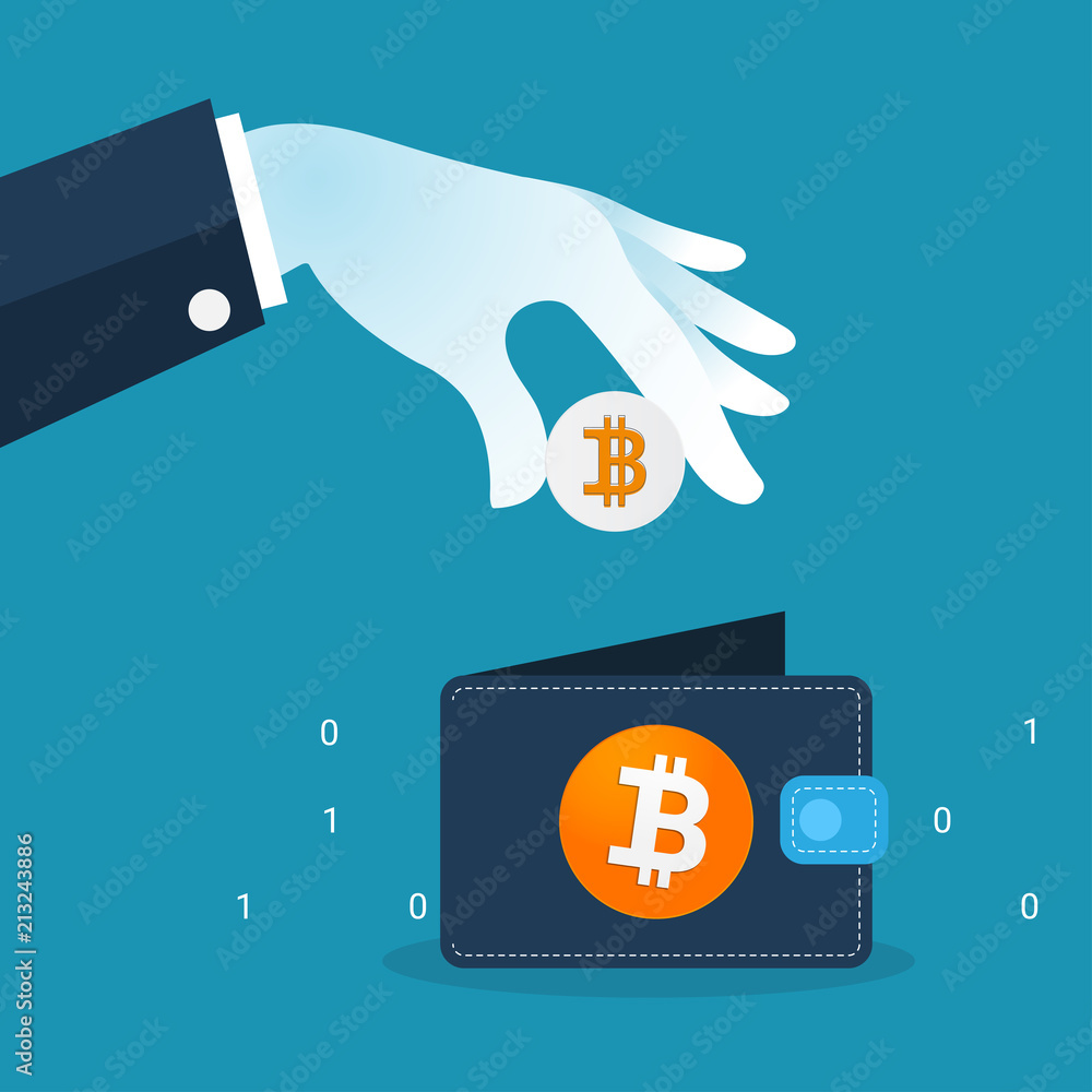 Poster transferring bitcoin cryptocurrency to wallet. digital money transfer concept..