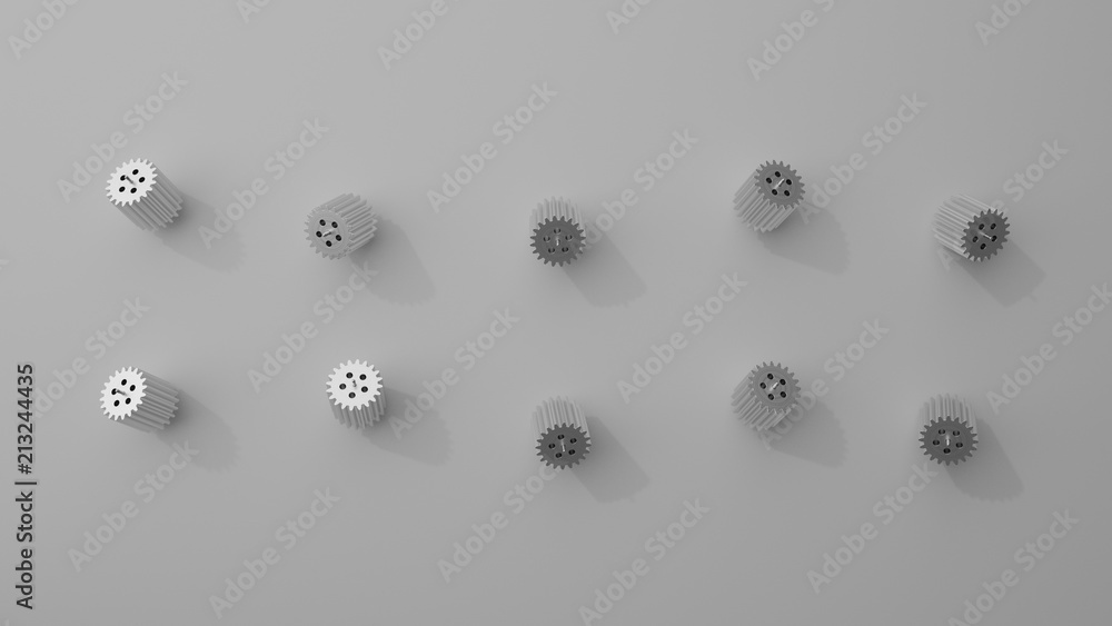 Poster stack of several gears on the bright flat background. simple mechanical themed 3d illustration.