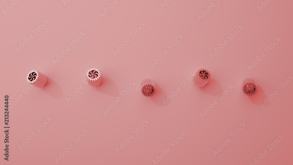 Poster stack of several gears on the bright flat background. simple mechanical themed 3d illustration.
