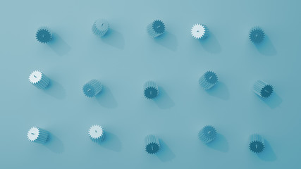 Stack of several gears on the bright flat background. Simple mechanical themed 3d illustration.