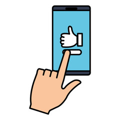 user with smartphone sending like