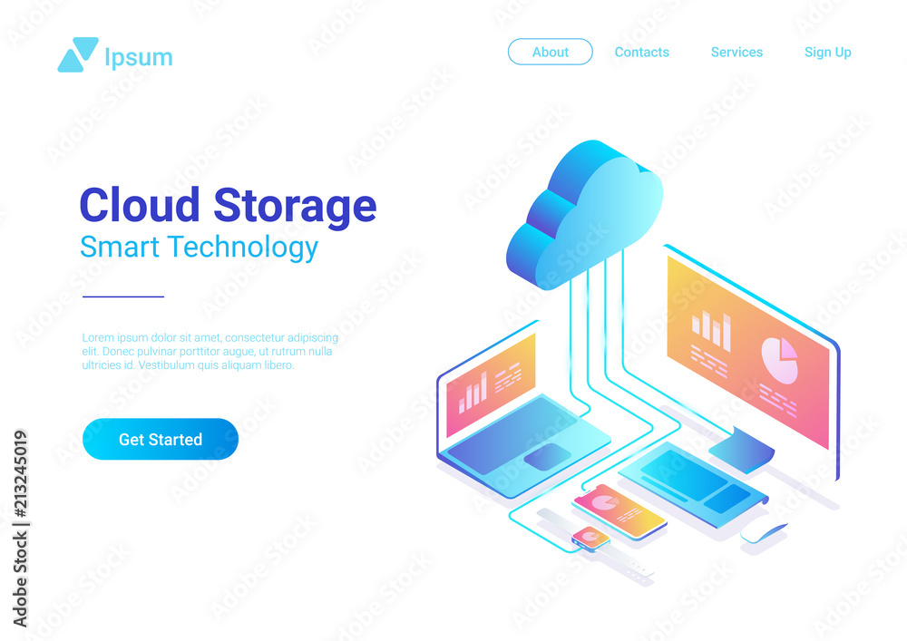 Poster isometric flat cloud hosting network storage vector