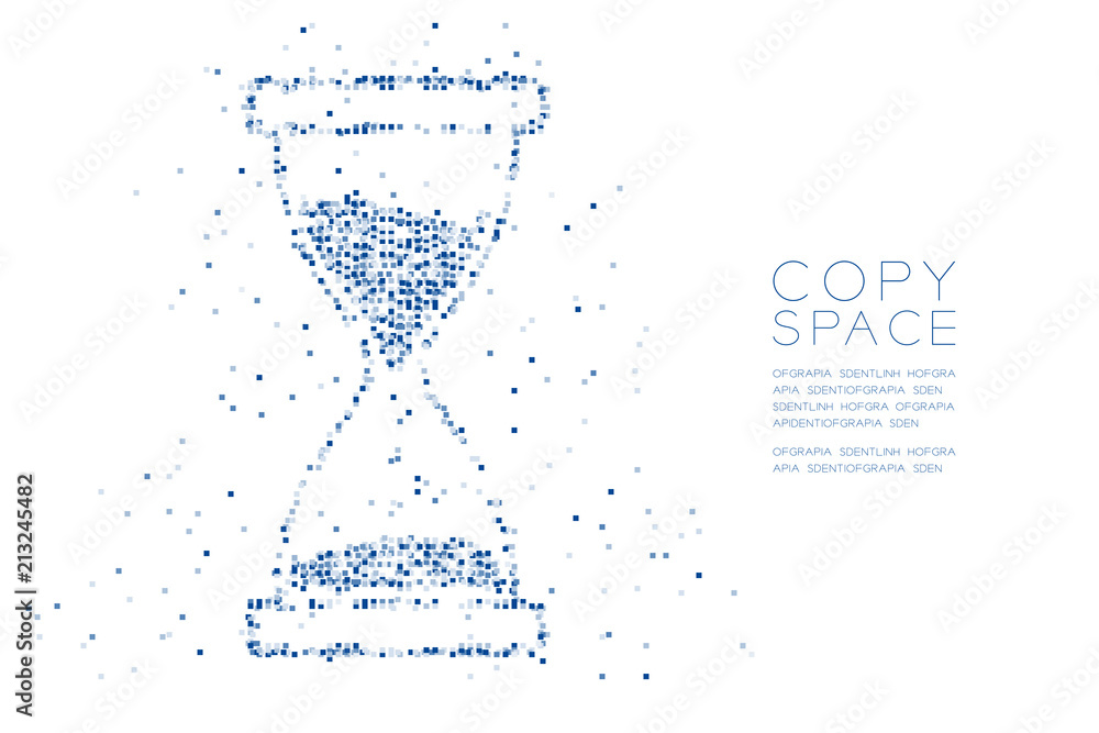 Poster abstract geometric square box pixel pattern hourglass shape, digital reminder concept design blue co